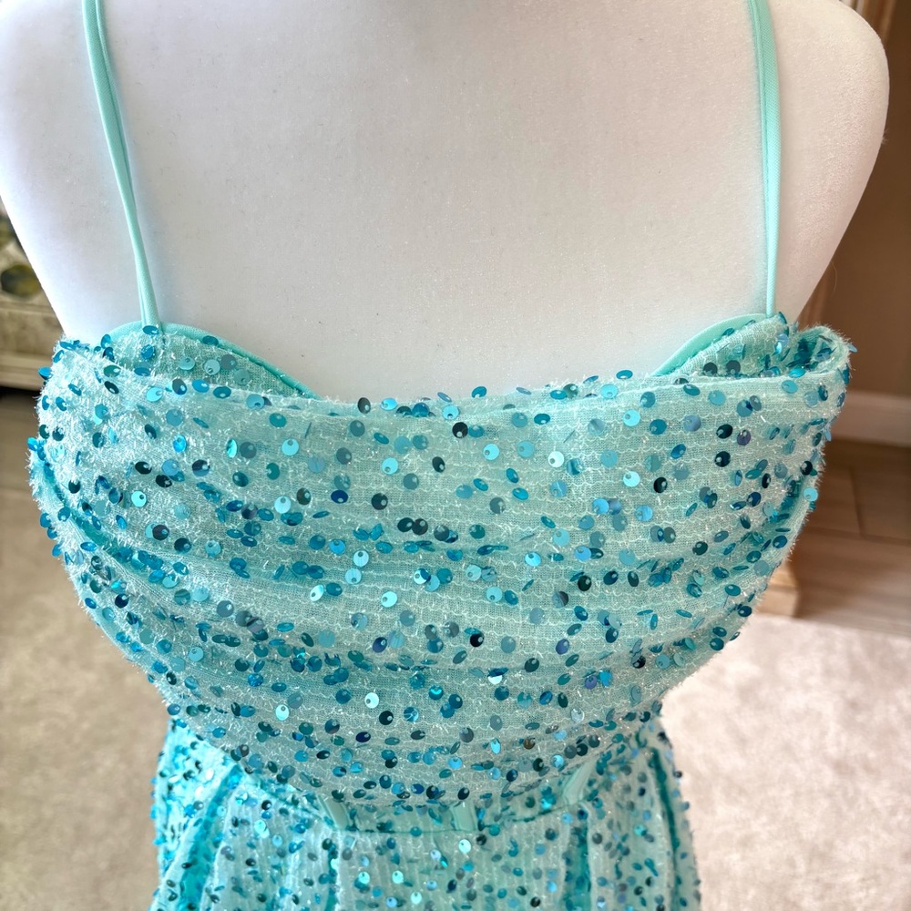 NEW Aqua Dress Cowl Neckline Seafoam Blue Strapless Prom Dress NWOT Size L/12 - Picture 4 of 12